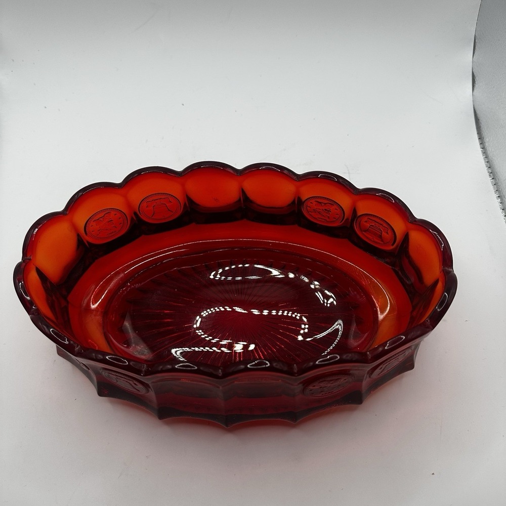 Vintage Fostoria Ruby Red Coin Scalloped Glass Console Bowl Dish Excellent Used - Picture 2 of 8
